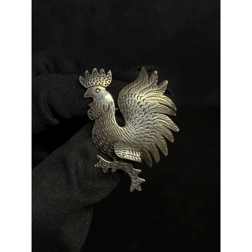 Sterling Silver Rooster Brooch Detailed Chicken Bird Pin 1.91"